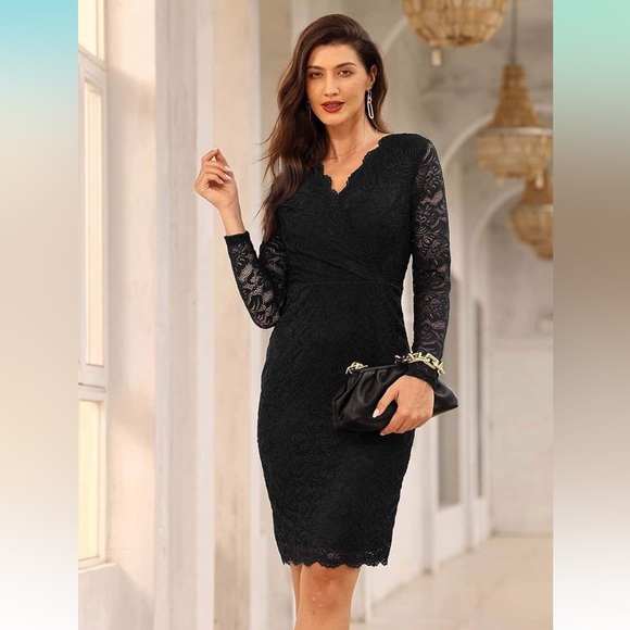 JASAMBAC Wedding Guest Dresses for Women Wrap V Neck Cap Sleeve Elegant Lace - Picture 2 of 6